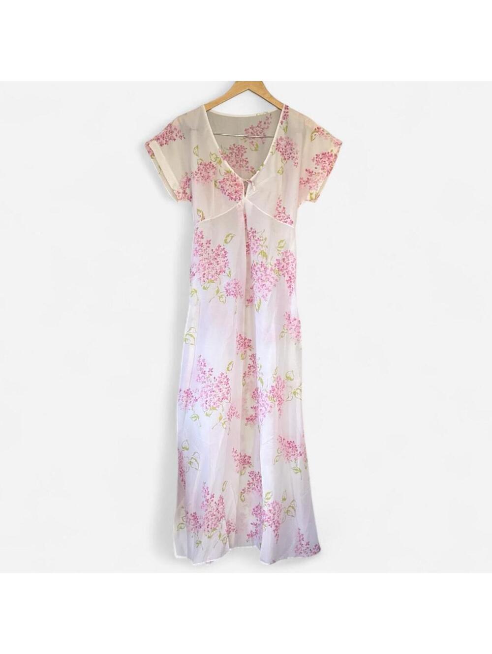 Vintage Pink Floral Sheer Cottagecore Maxi Dress in Pink